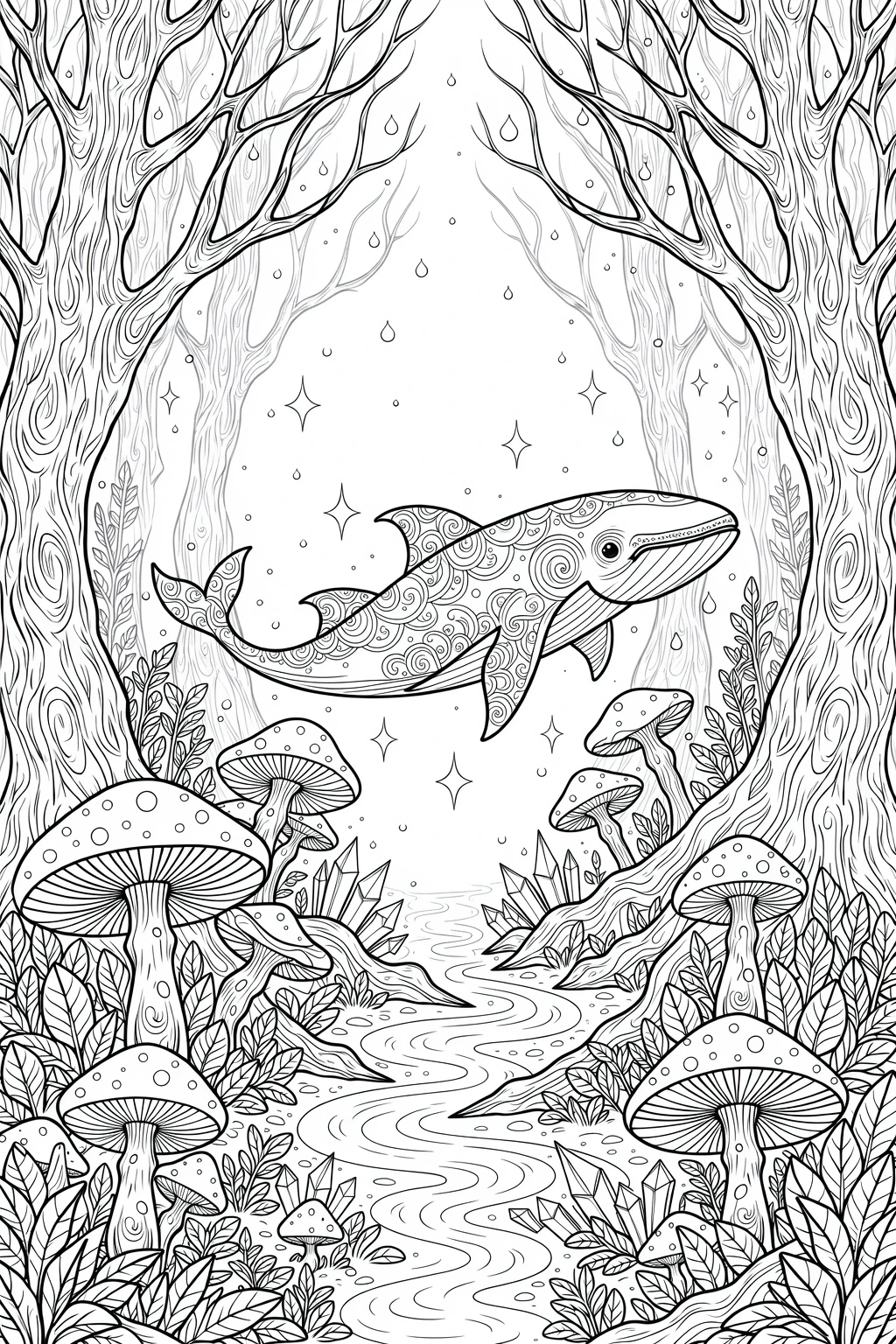 Black and white coloring page of decorative whale swimming through a magical forest with mushrooms, trees, plants, and sparkles