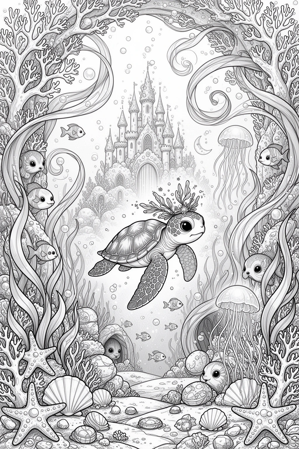 Baby Sea Turtle Dreams | Magical Ocean Journey coloring page.