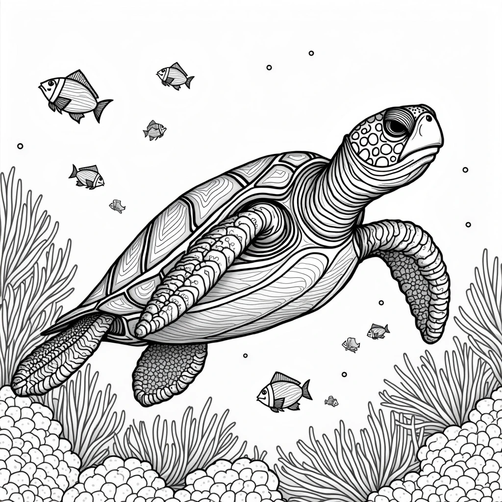 Black and white sea turtle coloring page with intricate, detailed coloring page, kids' coloring page, printable coloring page and coloring sheets featuring small fish and coral.