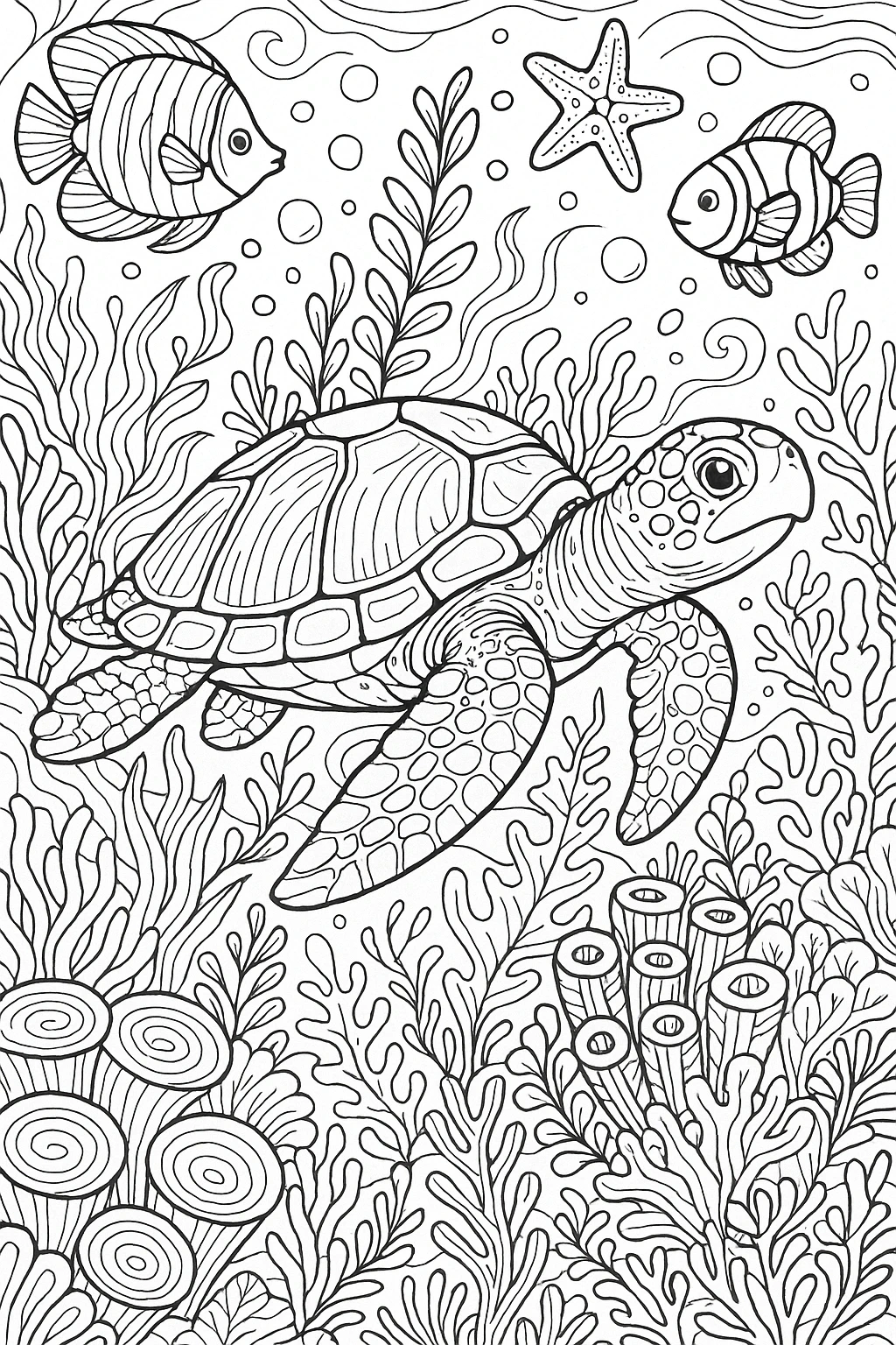 Black and white sea turtle coloring page with fish, starfish and coral detailed coloring page, kids' coloring page, printable coloring page and coloring sheets for ocean theme.