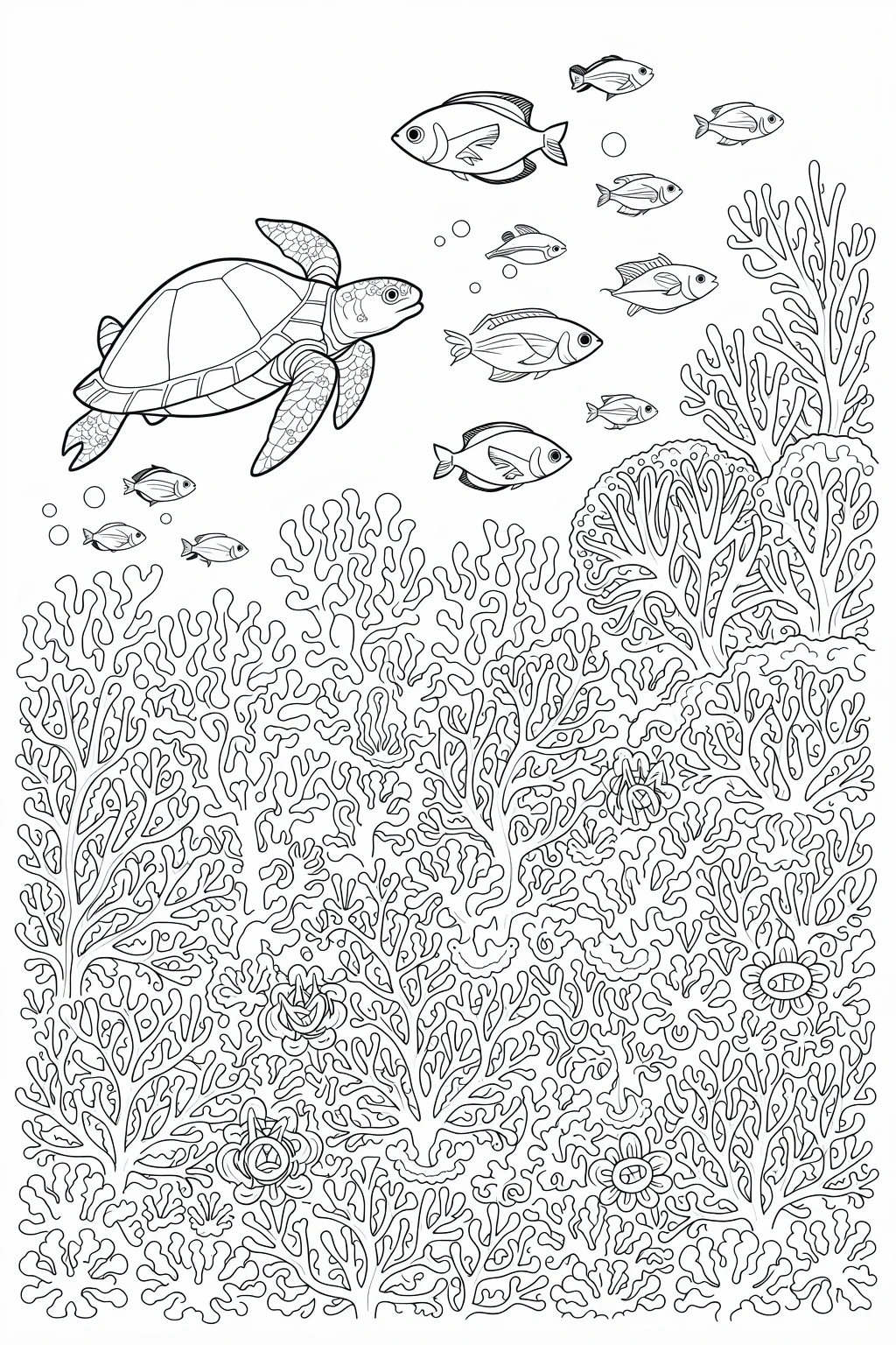 Black-and-white sea turtle and fish swimming above a detailed coral reef coloring page detailed coloring page, kids' coloring page, printable coloring page, coloring sheets animal, summer theme.