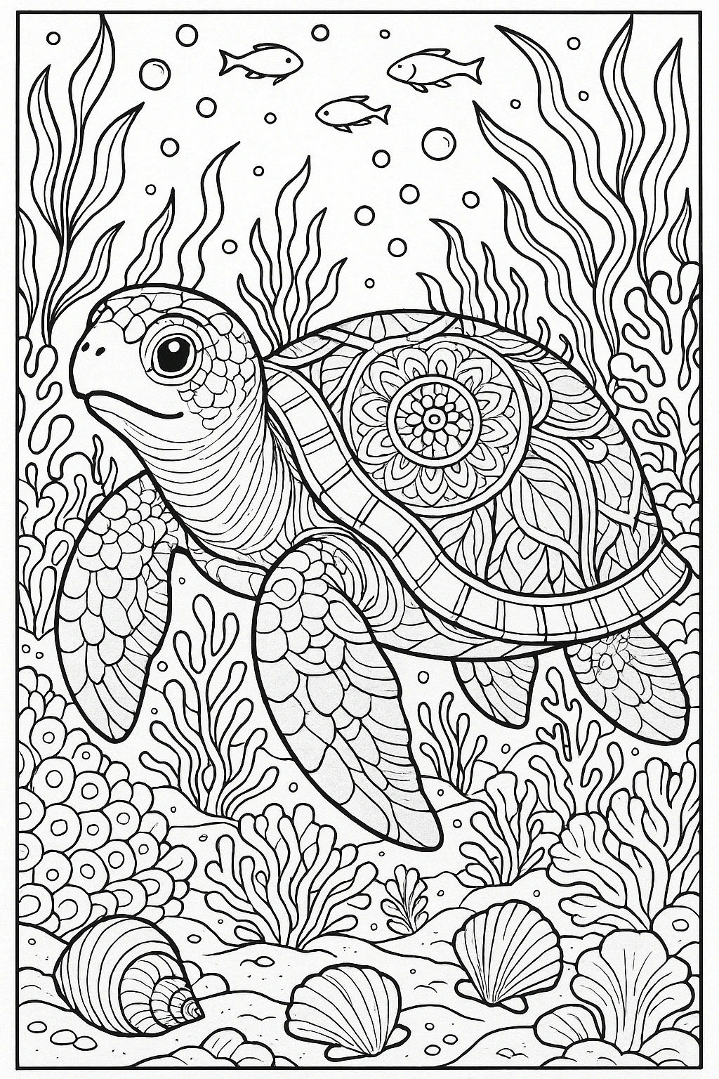 Sea turtle mandala coloring page with ocean plants, shells, and small fish detailed coloring page, kids' coloring page, printable coloring page and coloring sheets for summer and animal themes.