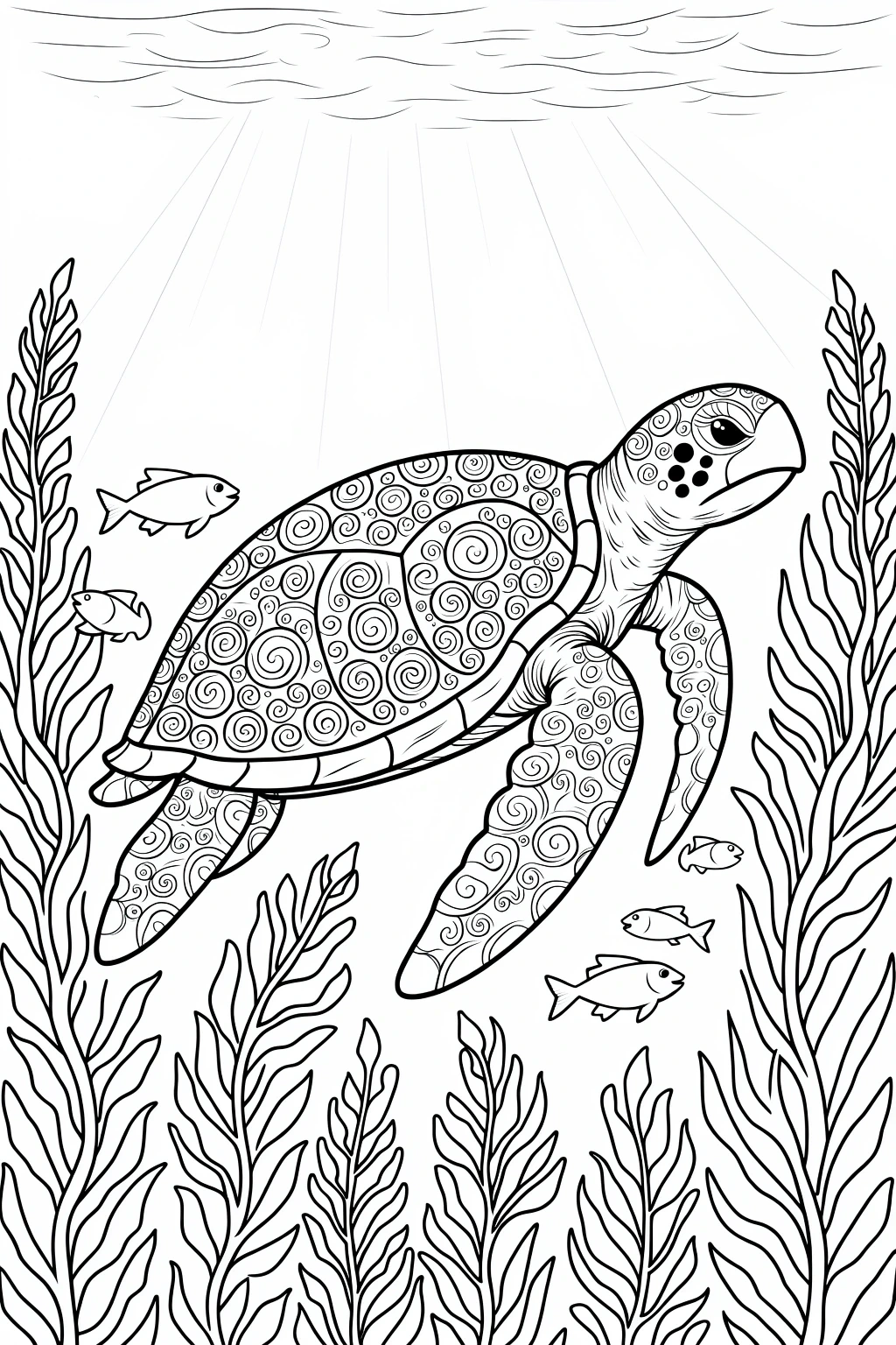 Black-and-white sea turtle coloring page with mandala-style swirls on shell and flippers, surrounded by seaweed and small fish detailed coloring page, kids' coloring page, printable coloring page