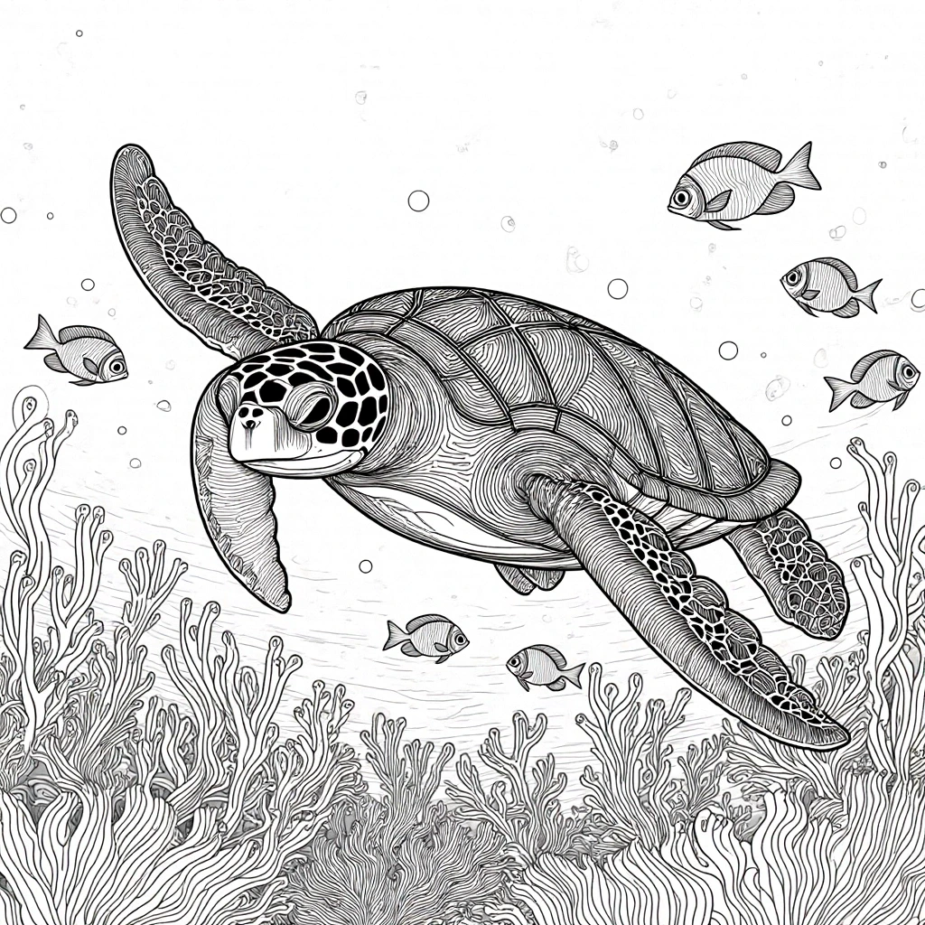 Black and white sea turtle coloring page with coral and fish detailed coloring page, kids' coloring page, printable coloring page, and coloring sheets featuring an animal ocean scene and mandala-like