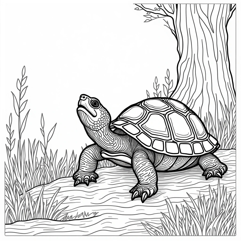 Black-and-white turtle coloring sheet detailed coloring page style with grass, log, and tree; printable coloring page for kids' coloring page and coloring sheets.