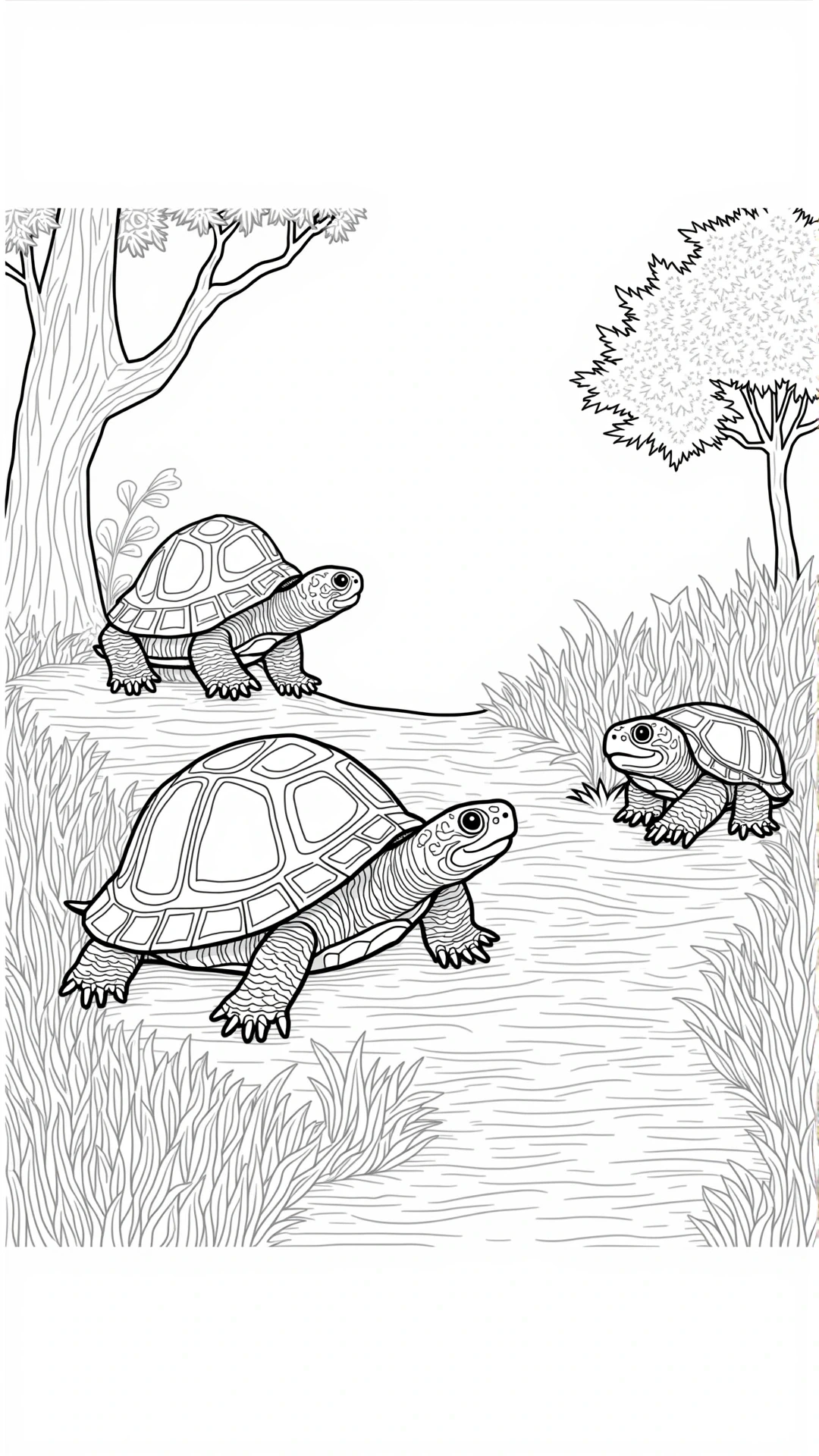 Black-and-white turtle family scene for coloring detailed coloring page and kids' coloring page in a printable coloring page style with multiple coloring sheets, animal and spring themed.