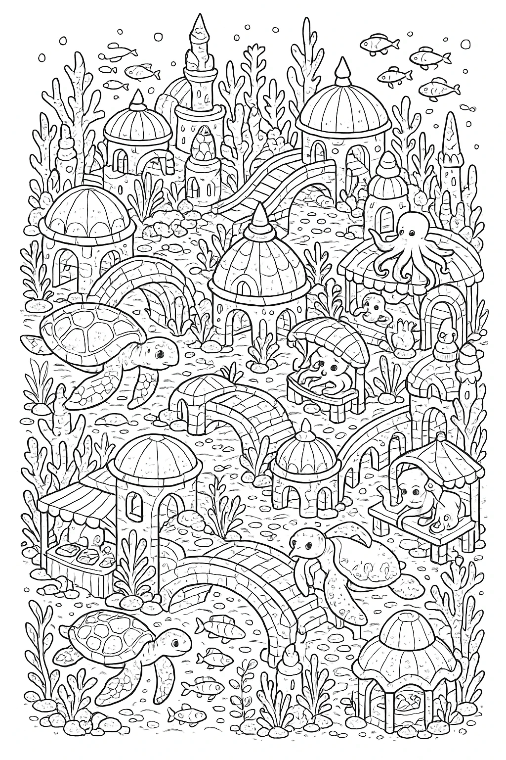 Black-and-white underwater scene with turtles, octopus, fish, coral cottages and bridges a detailed coloring page illustration ideal for kids' coloring page, printable coloring page and coloring