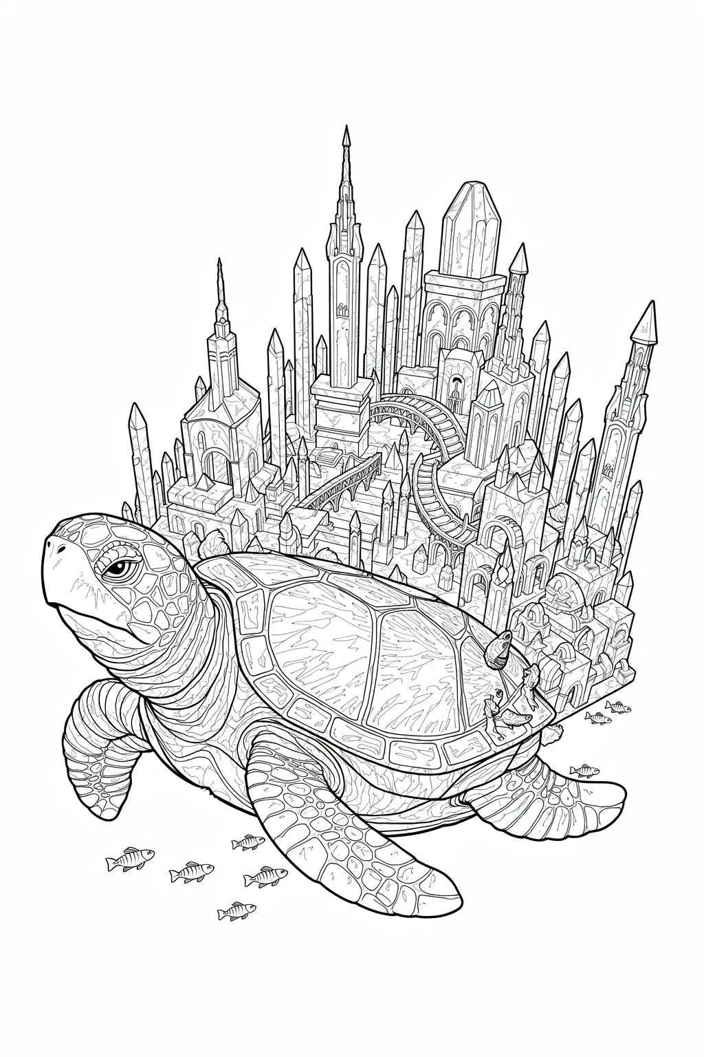 Black and white detailed coloring page illustration of a giant turtle carrying a fantasy city on its shell, with underwater fish and intricate buildings, ideal for kids' printable coloring page and