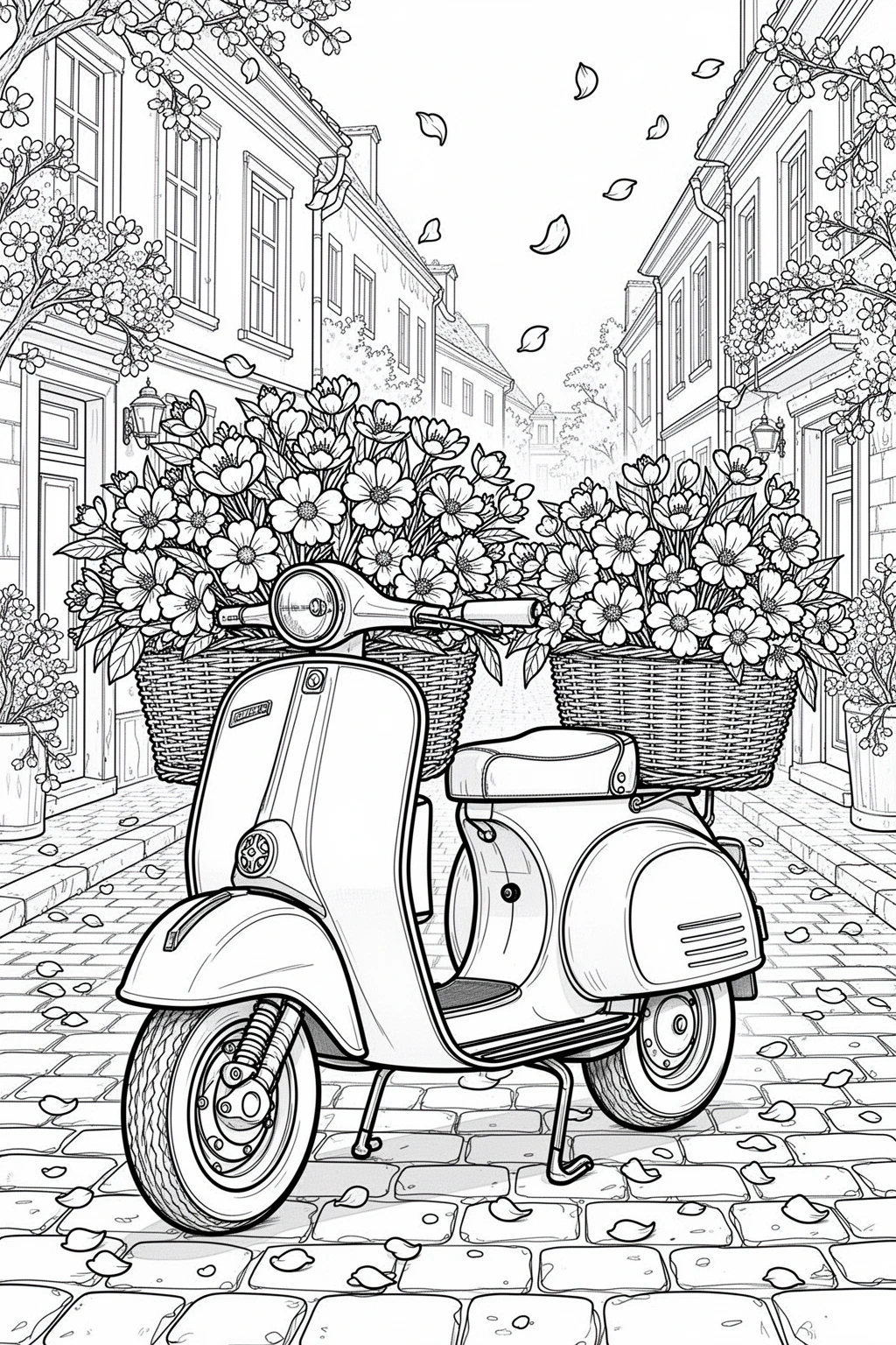 Vintage spring scooter covered in flowers coloring page.