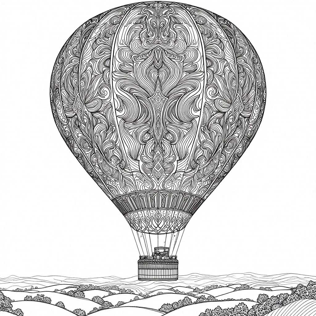 Intricate mandala-style hot air balloon line drawing floating above rolling hills; ideal for detailed coloring page, kids' coloring page, printable coloring page collections, and single-page coloring