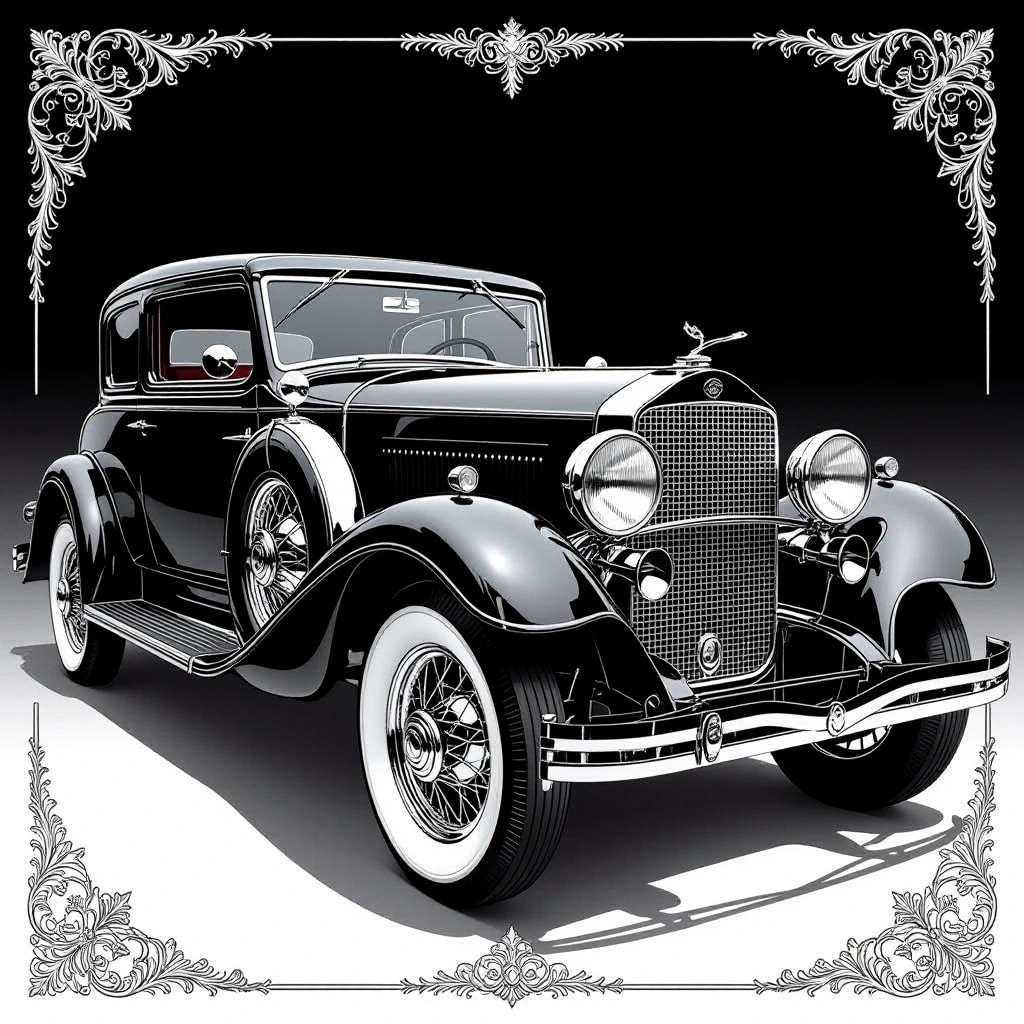 Black-and-white vintage classic car line art for coloring a detailed coloring page perfect for a printable coloring page, kids' coloring page, detailed coloring page and coloring sheets.