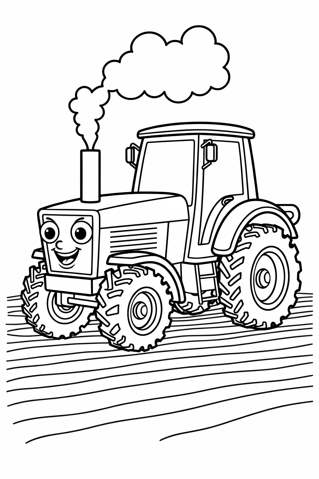 Smiling tractor coloring sheet simple vehicle outline for kids. Includes detailed coloring page, kids' coloring page, printable coloring page and coloring sheets for spring and summer fun. Great for