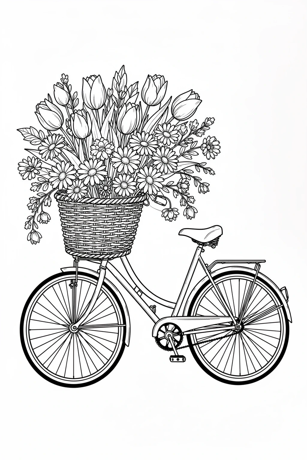 Black-and-white coloring page of a vintage bicycle with a basket full of spring flowers.