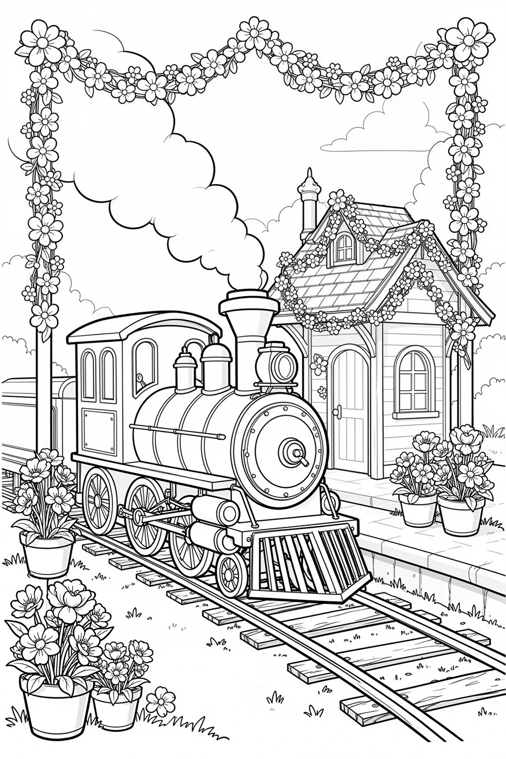 Black-and-white coloring page of floral train coloring page.