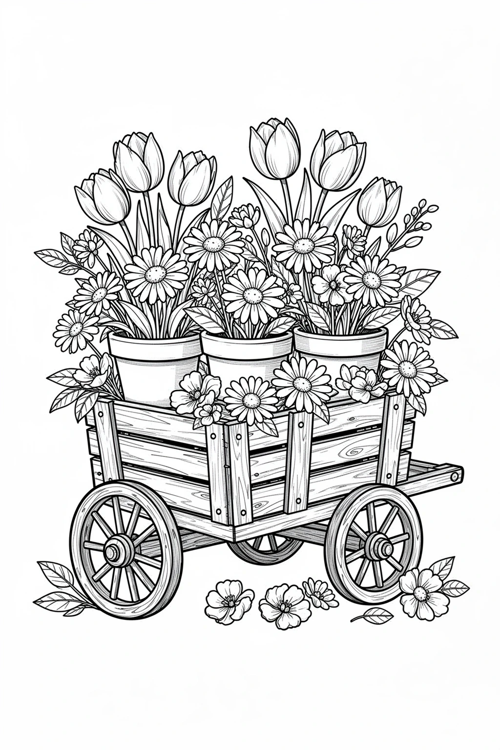 Black-and-white coloring page of a small garden wagon loaded with flowers.