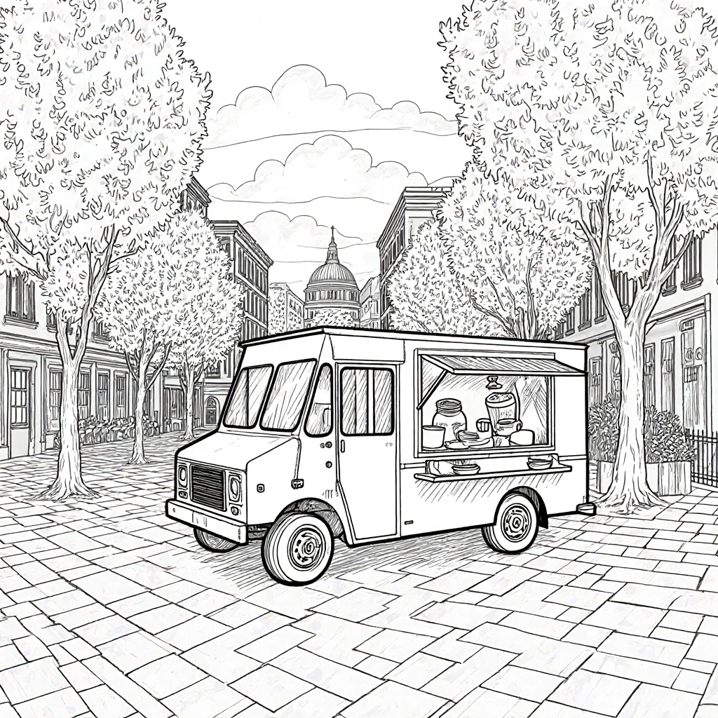Black-and-white city food truck coloring sheet with trees, cobblestone plaza and cathedral dome in background detailed coloring page, kids' coloring page, printable coloring page and coloring sheets.