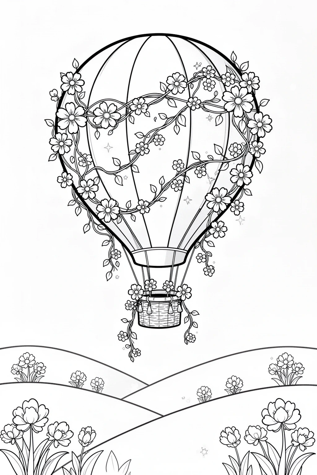 Black-and-white coloring page of floral hot air balloon coloring page.