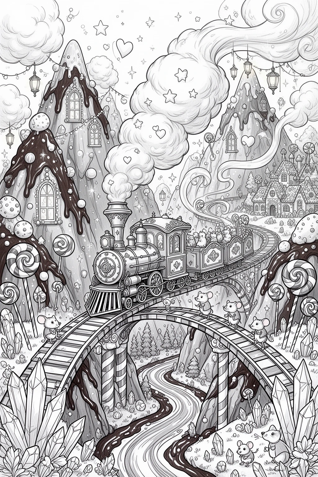 MAGICAL Train Through Candy Mountains coloring page.