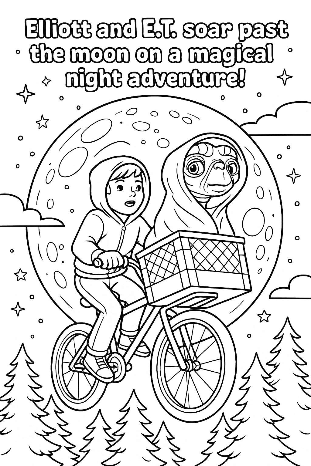 Black-and-white moon bike scene: a child pedals a bicycle with an alien bundled in the front basket flying past the moon. printable coloring page style with detailed coloring page, kids' coloring
