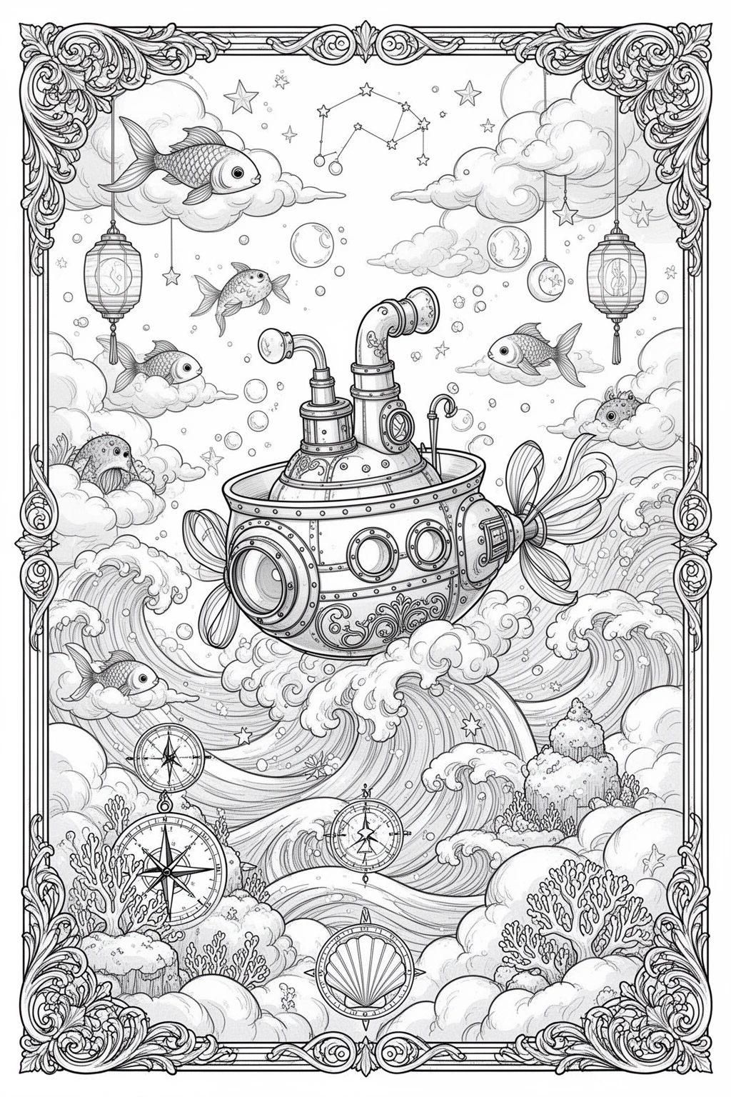 Moonlit Cloud Submarine coloring page.