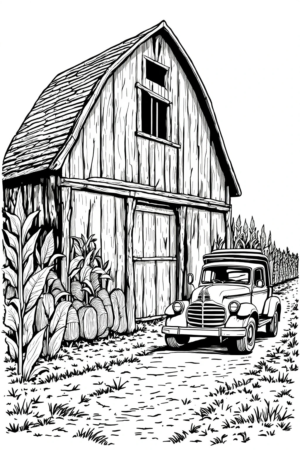 Black-and-white barn and vintage truck coloring page showing pumpkins and corn stalks detailed coloring page for kids' coloring page, printable coloring page and coloring sheets in a fall harvest