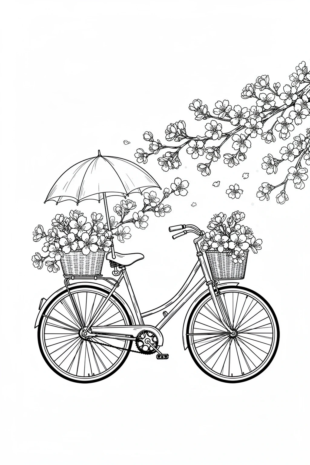 Black-and-white coloring page of spring bicycle coloring page.