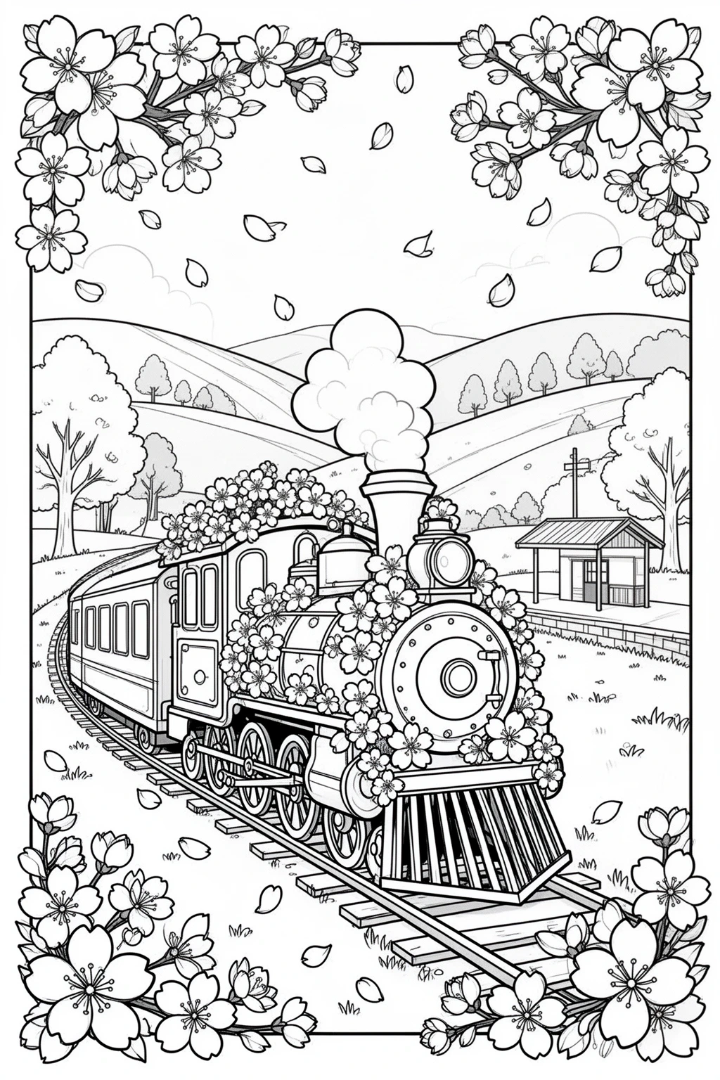Spring Blossom Train coloring page.