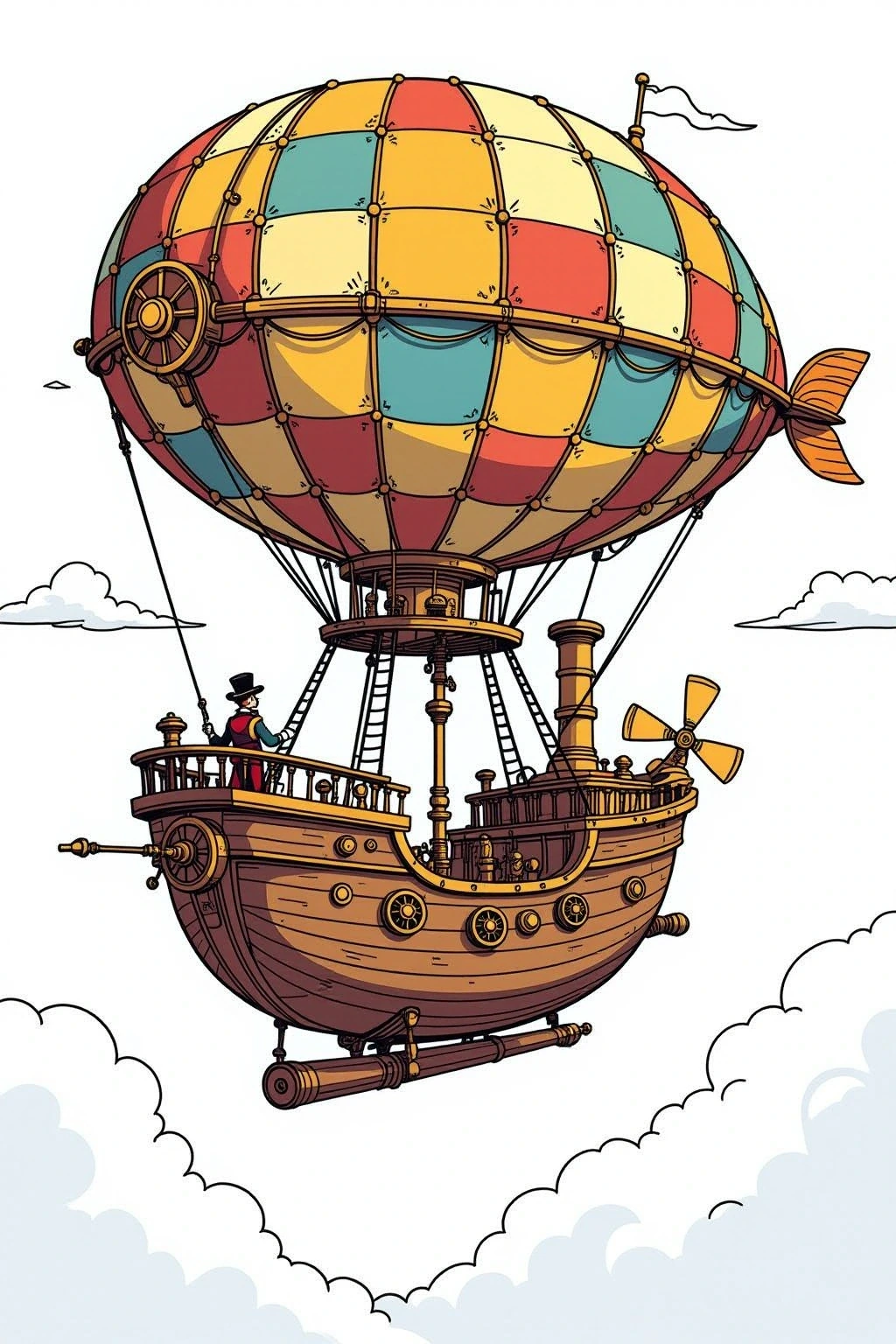 Detailed steampunk airship line art for a printable coloring sheet showing a hot-air-balloon style ship with a person on deck ideal for detailed coloring page, kids' coloring page, printable coloring