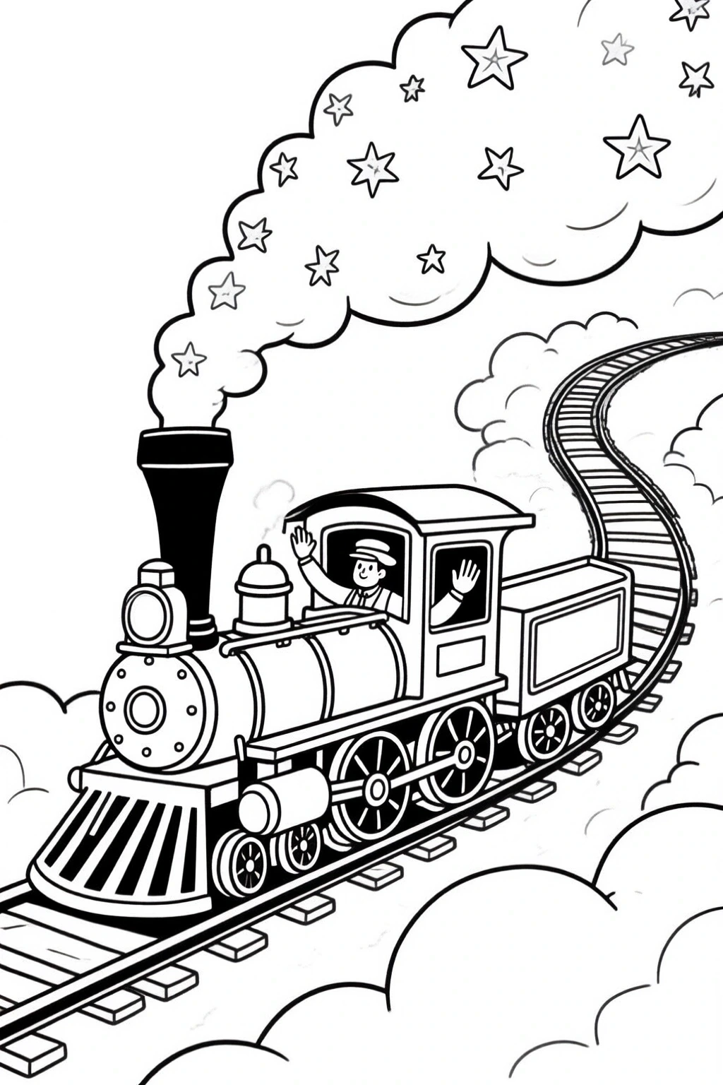 Black-and-white train coloring page with a waving conductor detailed coloring page, kids' coloring page, printable coloring page and coloring sheets for children.
