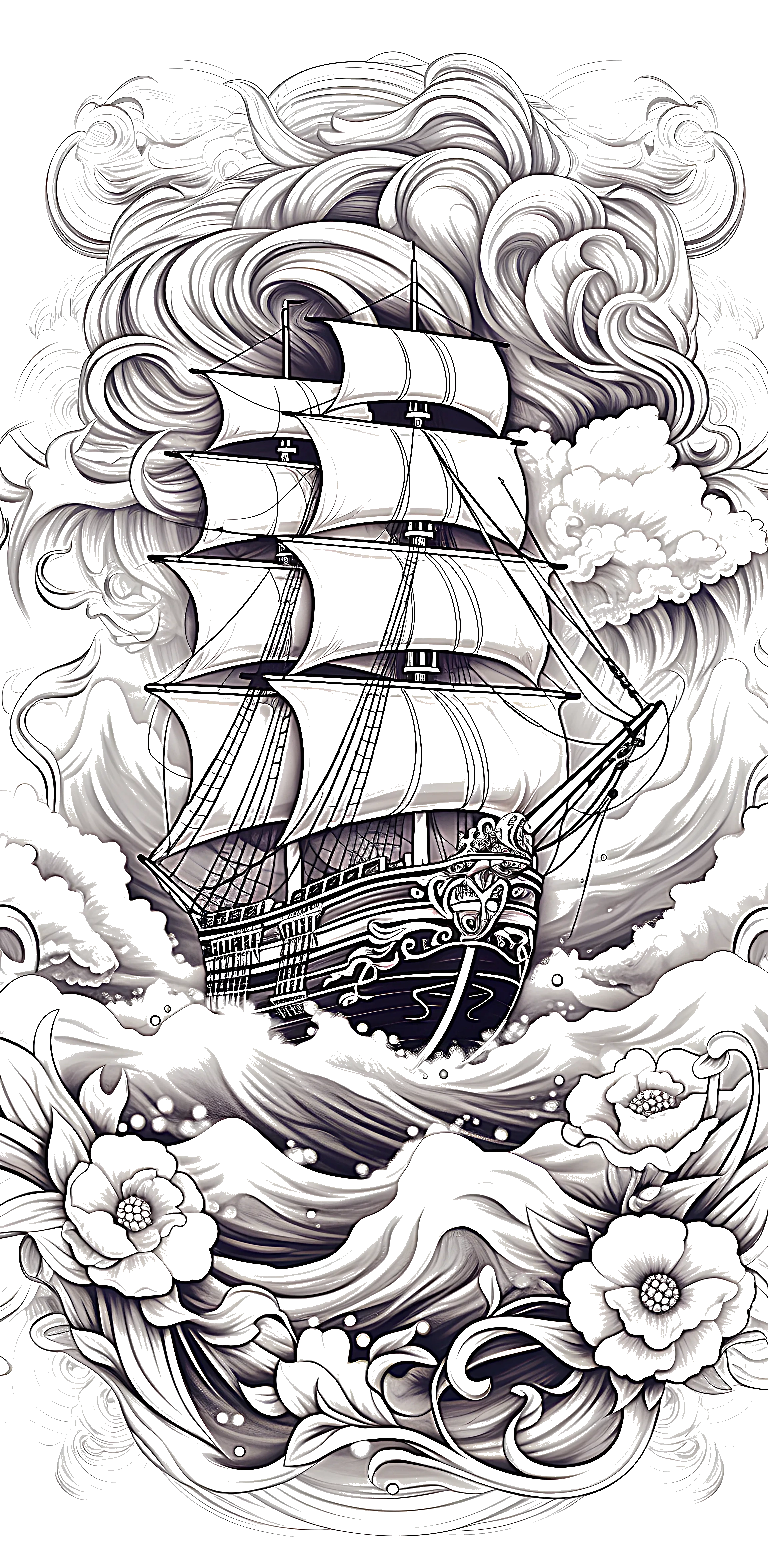 Detailed coloring page of a sailing ship with large sails surrounded by swirling waves and flowers.