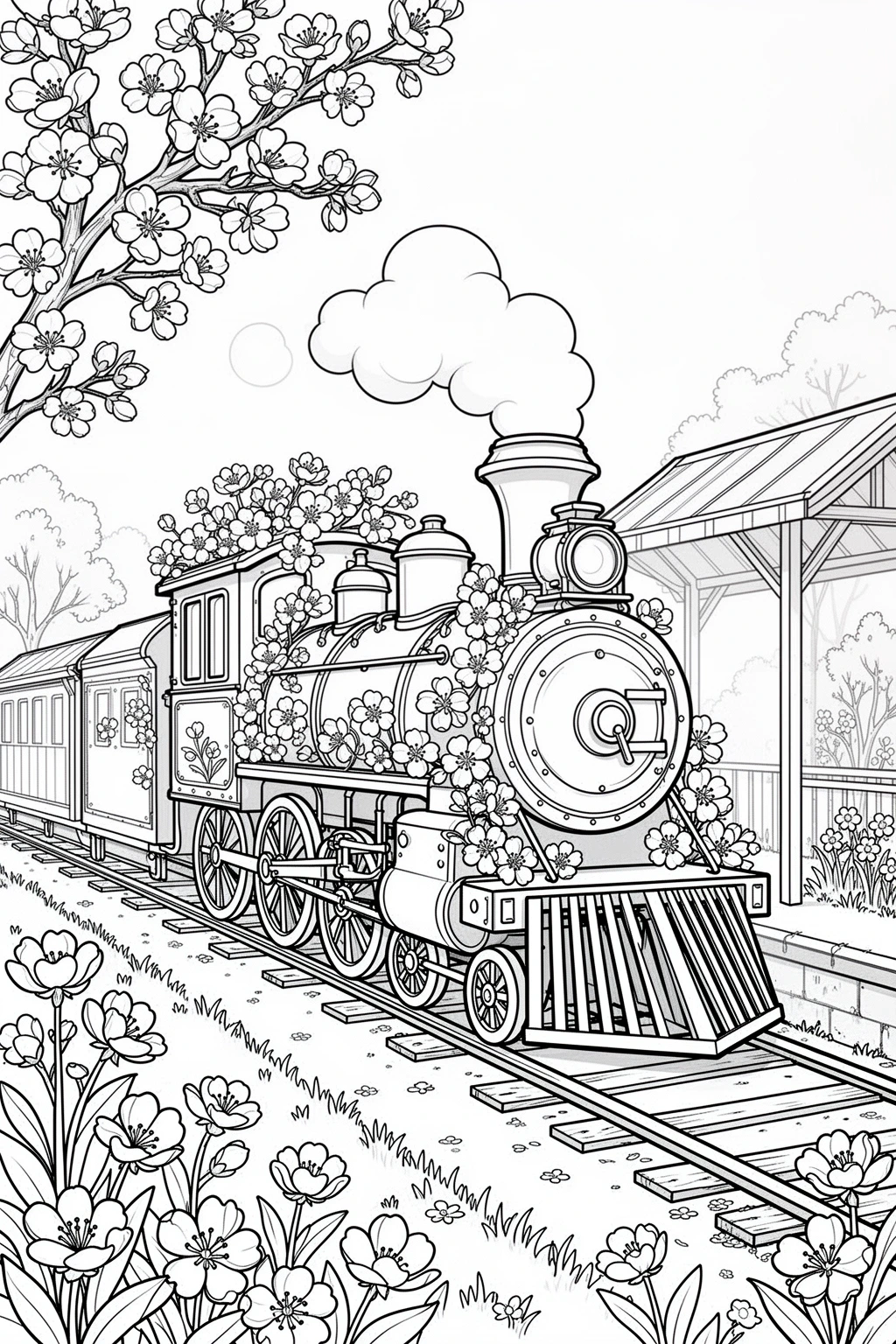 Spring blossom train coloring page in a garden with floral details.