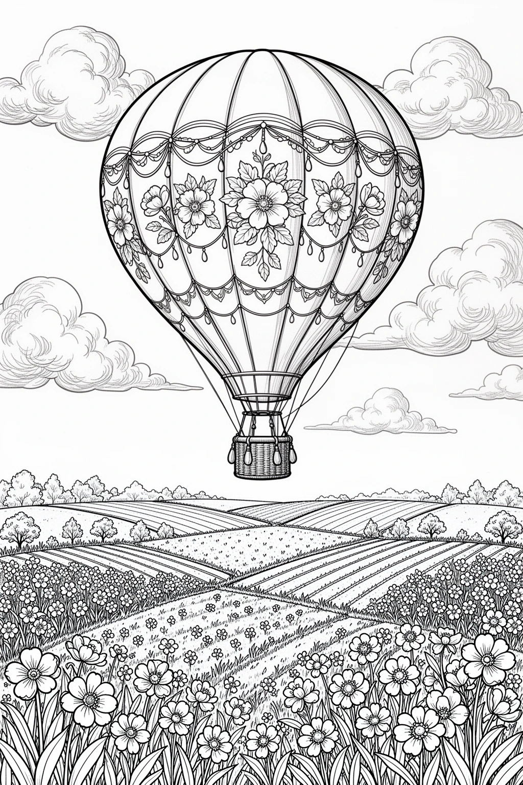 Free Spring Hot Air Balloon coloring page PDF.