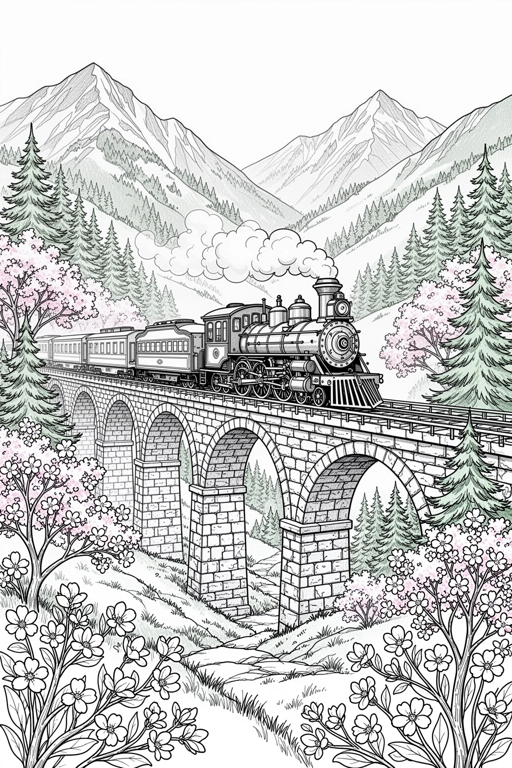 Free Spring Steam Train in the Mountains coloring page.