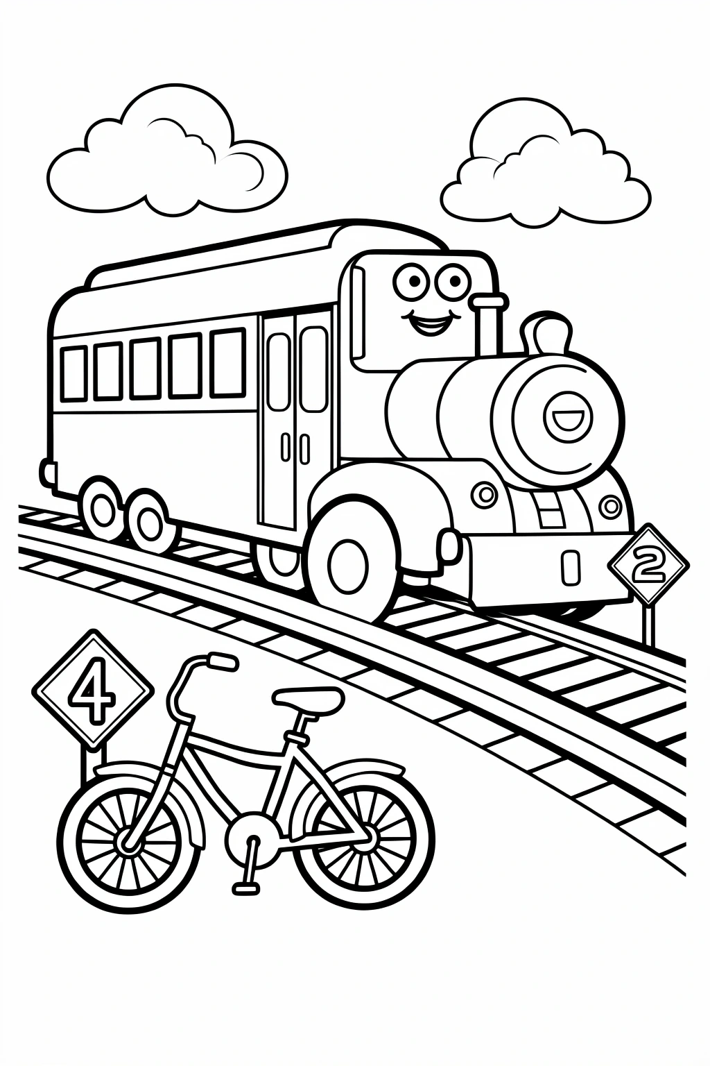 Black and white coloring page of cute cartoon train on tracks with a bicycle in the foreground, clouds overhead, and numbered road signs
