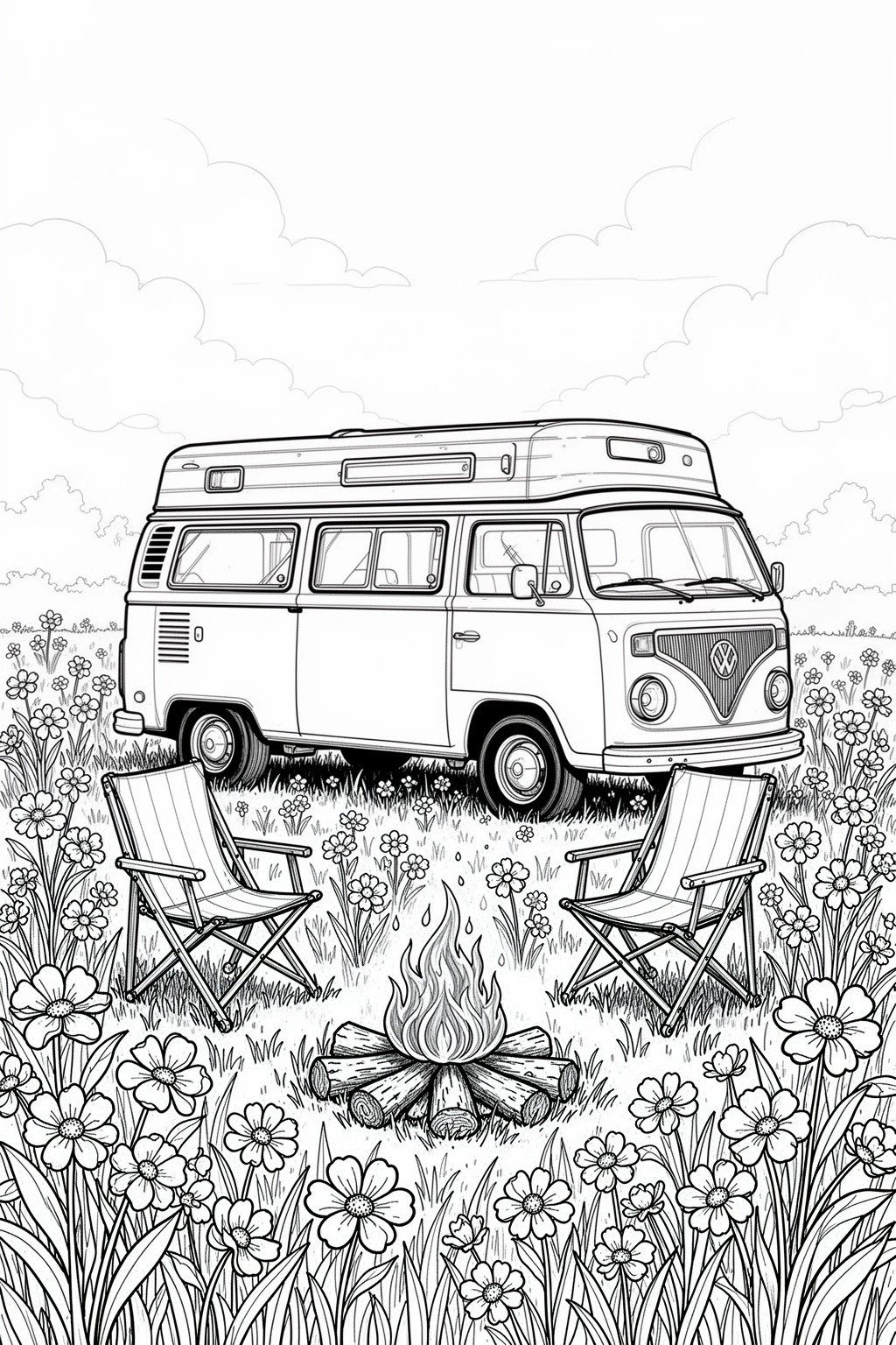 Free Vintage Spring Camper Van coloring page.