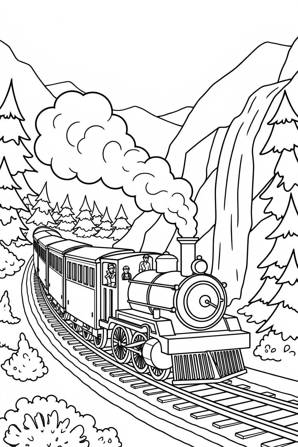 Black and white coloring page of vintage steam train traveling along tracks through a mountain forest with a waterfall and pine trees