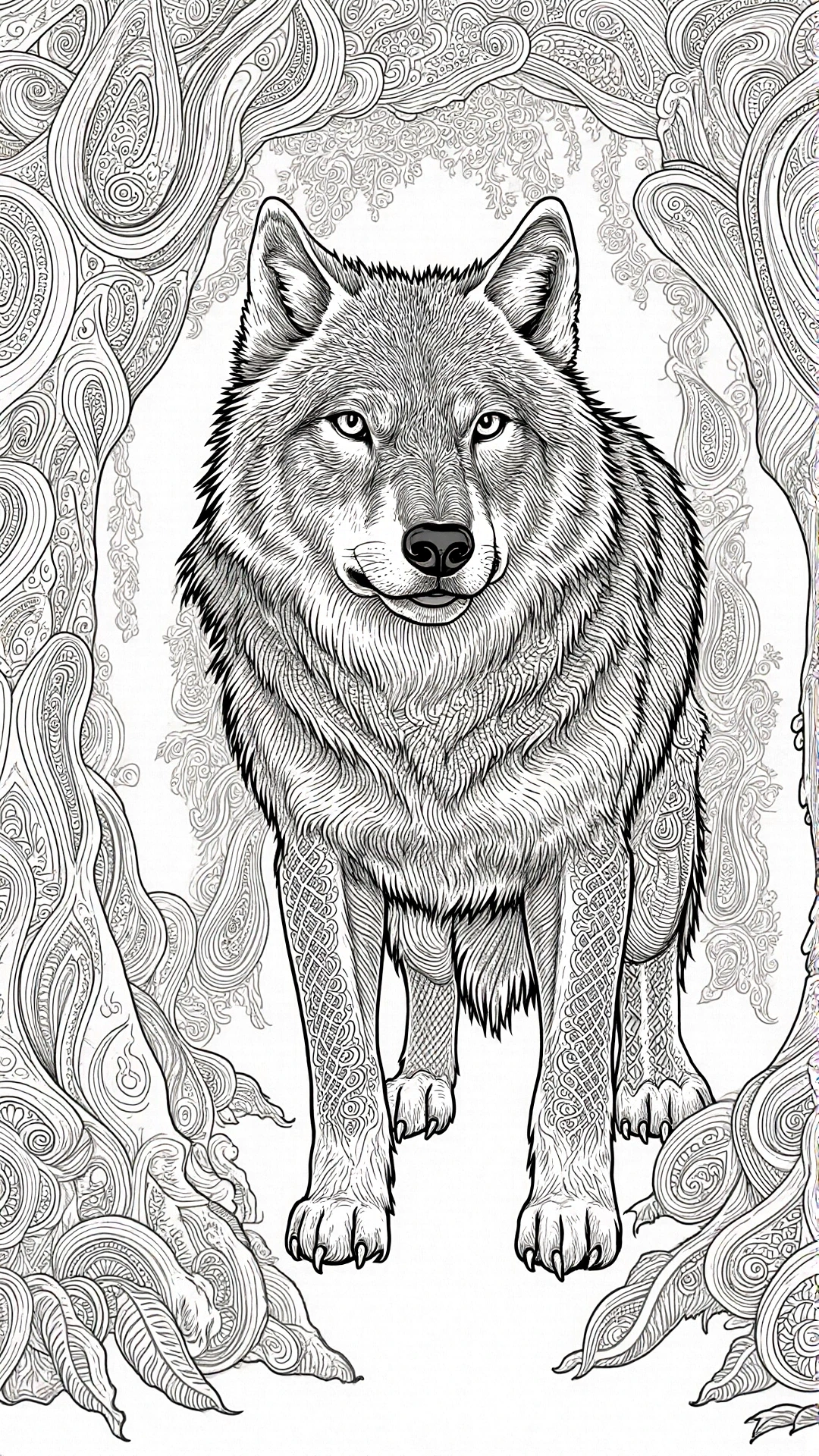 Intricate wolf in a mandala style forest, black and white line art animal scene for detailed coloring page; great for adult coloring page and kids' coloring page in a printable coloring page; high