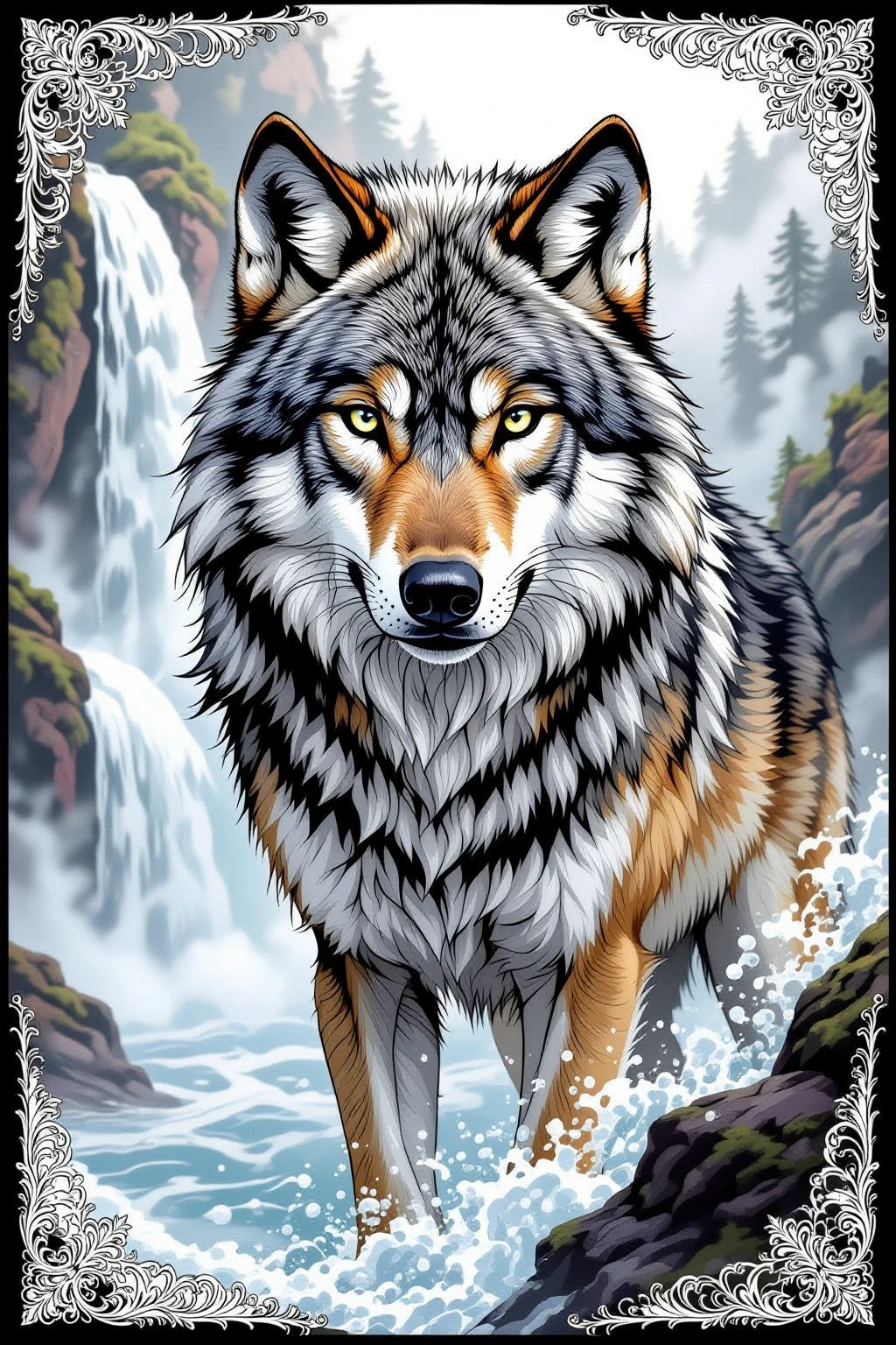 Majestic wolf standing in a rushing river with waterfalls and pine trees; printable animal coloring page from a printable coloring page. Features detailed coloring page suitable for adults plus kids'