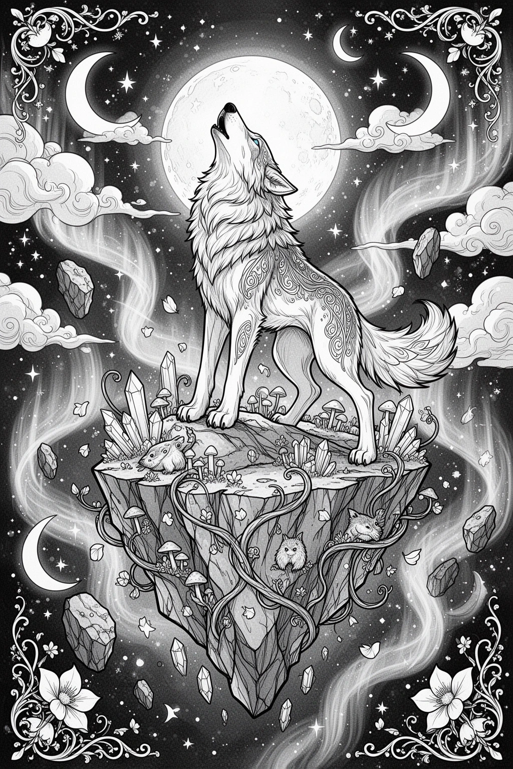 Moonlit Wolf Magic Printable coloring page.