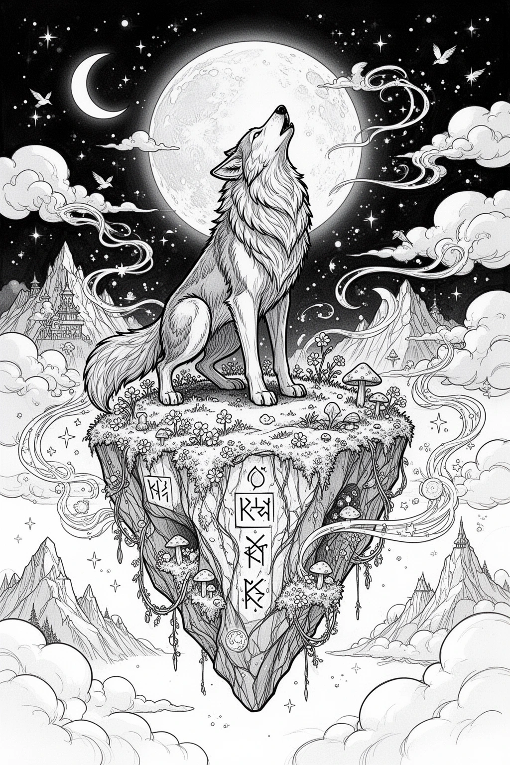 MOONLIT WOLF Magical Printable coloring page.