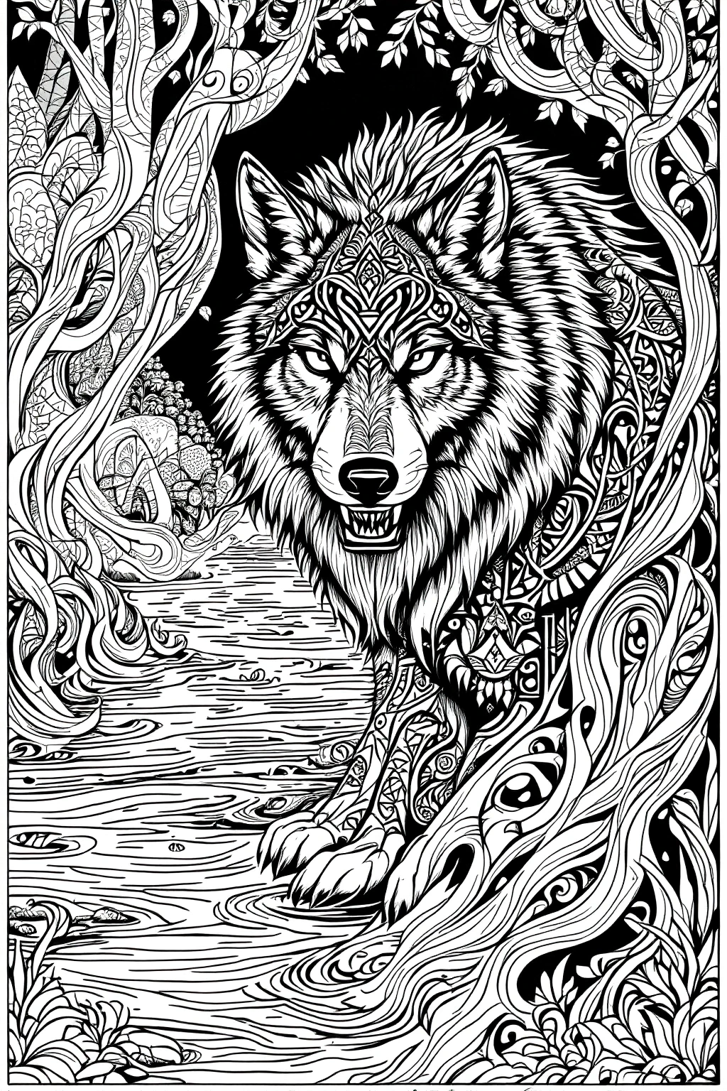 Intricate wolf coloring page in mandala style black and white detailed coloring page design ideal for printable coloring page, kids' coloring page, and coloring sheets featuring an animal motif.