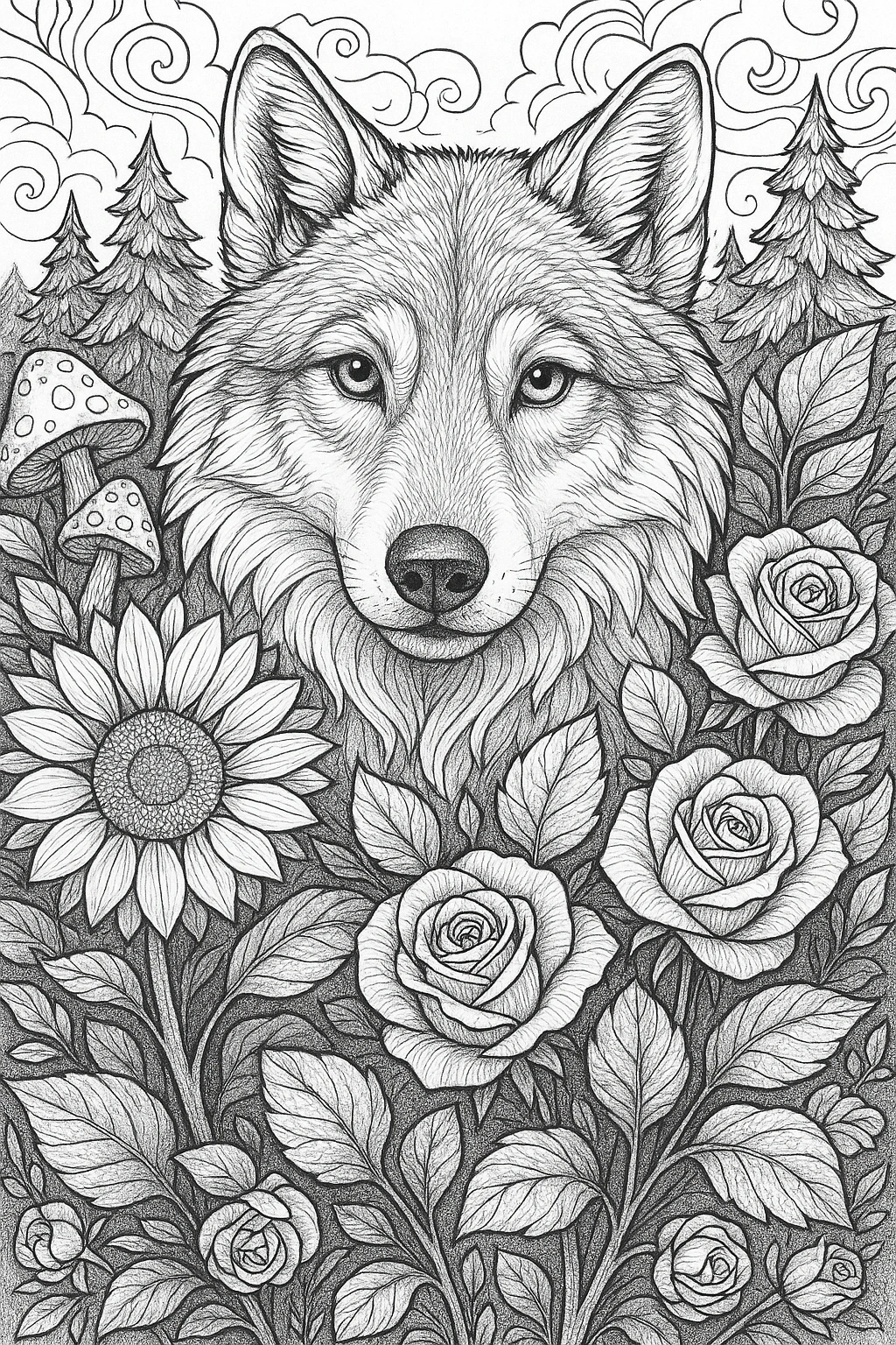 Black and white wolf illustration for coloring: detailed coloring page with floral and forest elements, kids' coloring page and printable coloring page style coloring sheets for adults and children