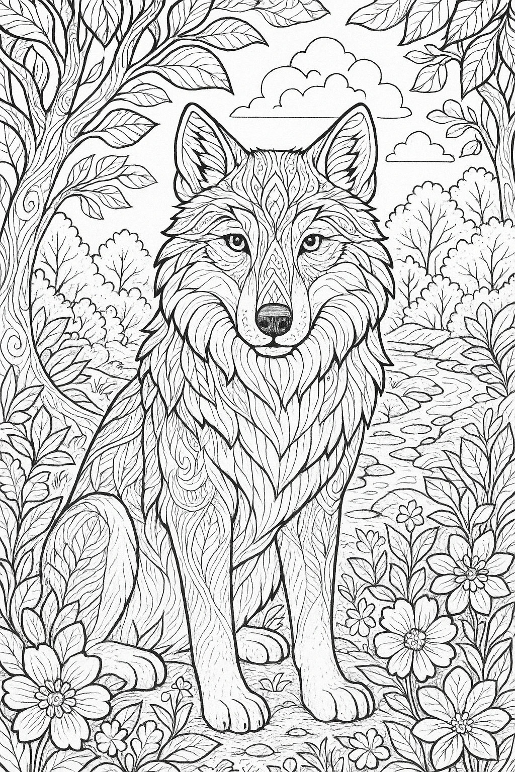 Intricate wolf coloring page in a forest scene with flowers and leaves detailed coloring page ideal for kids' coloring page, printable coloring page and coloring sheets, mandala-style patterns for