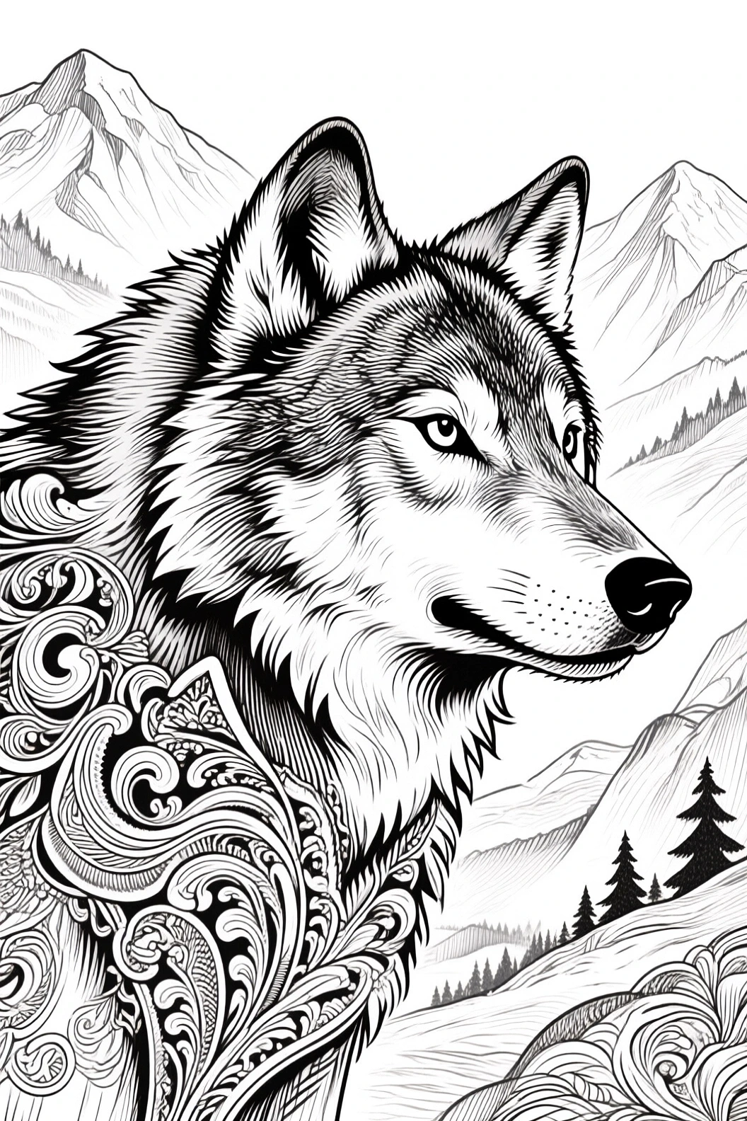 Black and white wolf line art with intricate mandala-style swirls and mountain background detailed coloring page, kids' coloring page, printable coloring page, coloring sheets.