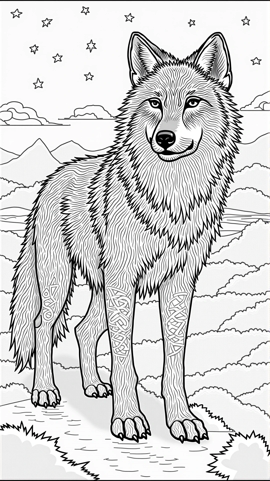 Black and white wolf coloring page with intricate fur lines and Celtic knot leg designs detailed coloring page, kids' coloring page, printable coloring page and coloring sheets included.