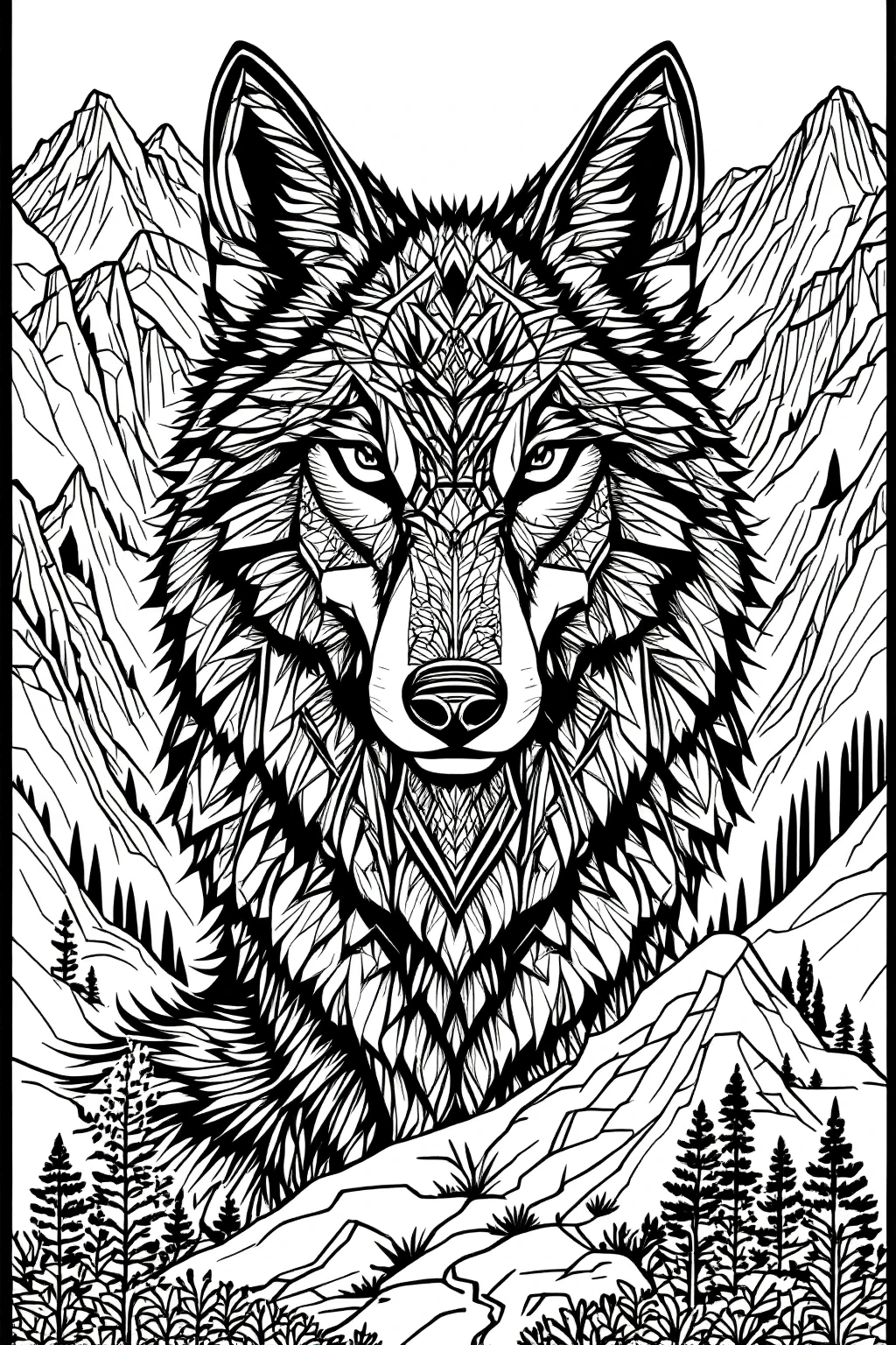 Intricate wolf coloring sheet in black and white with mountain background a detailed coloring page design that works as printable coloring page art, kids' coloring page, and elaborate coloring sheets.