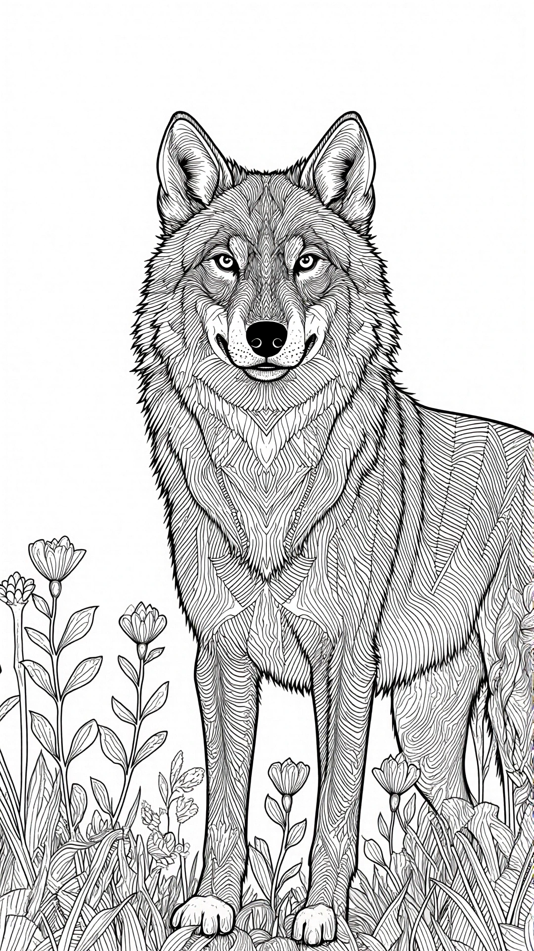 Animal-themed black-and-white line art of a wolf standing among spring flowers; ideal for detailed coloring page, kids' coloring page, printable coloring page collections, and coloring sheets with
