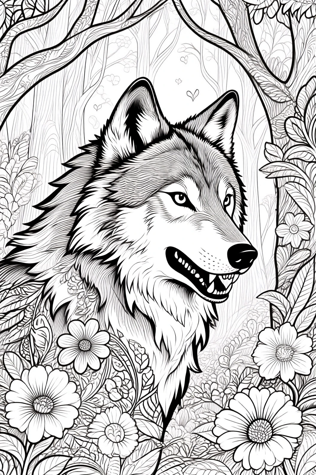 Black-and-white wolf portrait in a floral forest surrounded by detailed coloring page elements, perfect kids' coloring page, printable coloring page and coloring sheets with intricate mandala-style