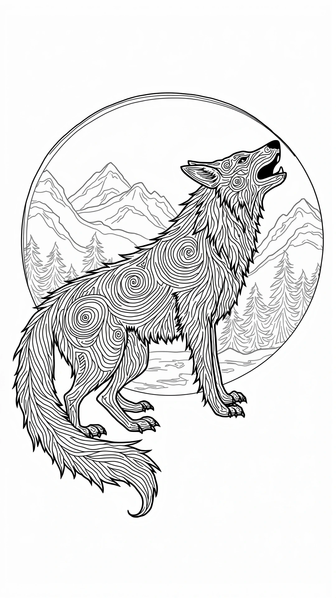 Printable howling wolf mandala coloring page with mountains and pine trees in a circular frame; animal line art suitable for detailed coloring page, kids' coloring page, printable coloring page