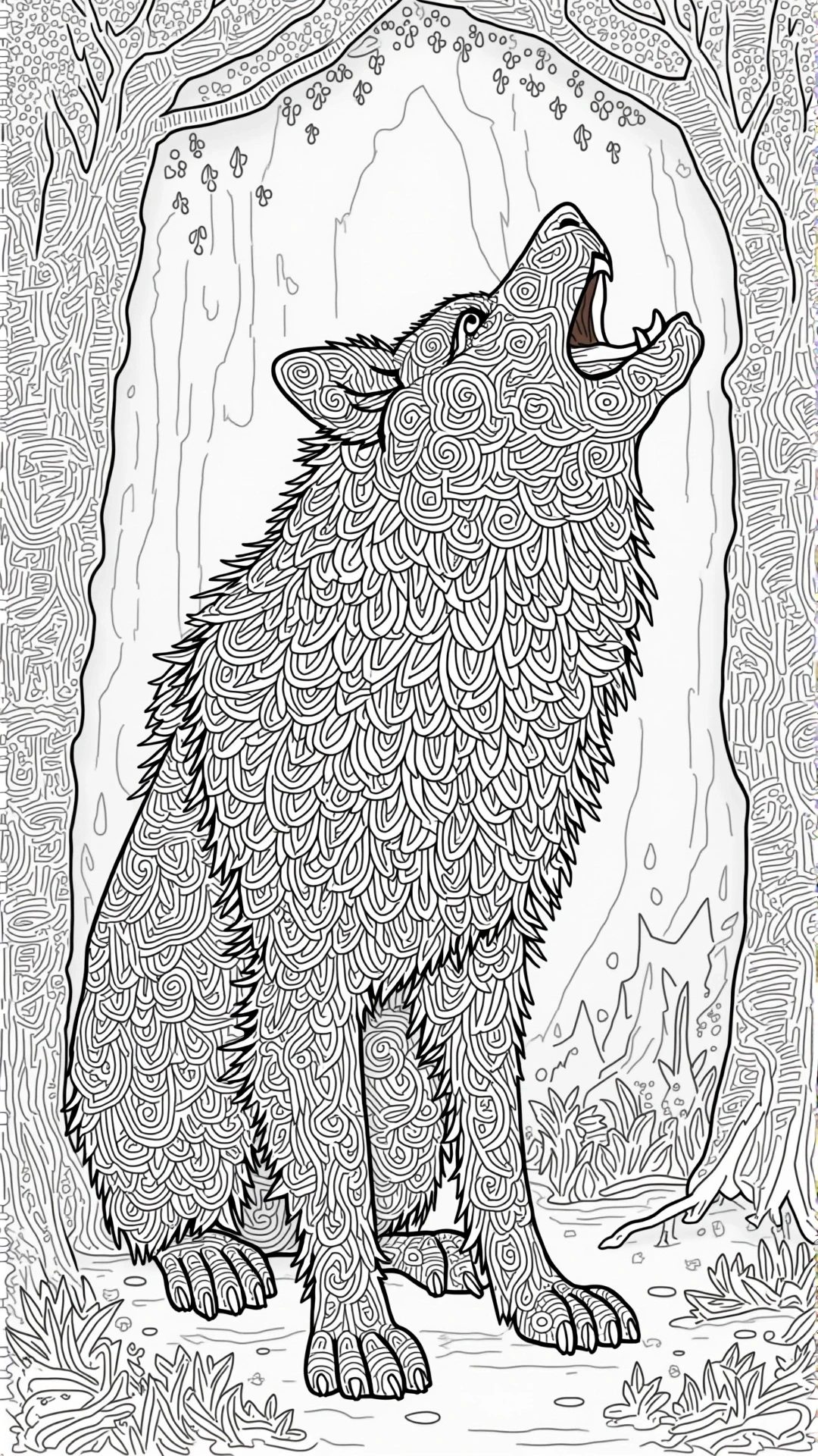 Black-and-white howling wolf line art with mandala-style swirls a detailed coloring page design suitable for kids' coloring page, printable coloring page, and individual coloring sheets; animal-themed